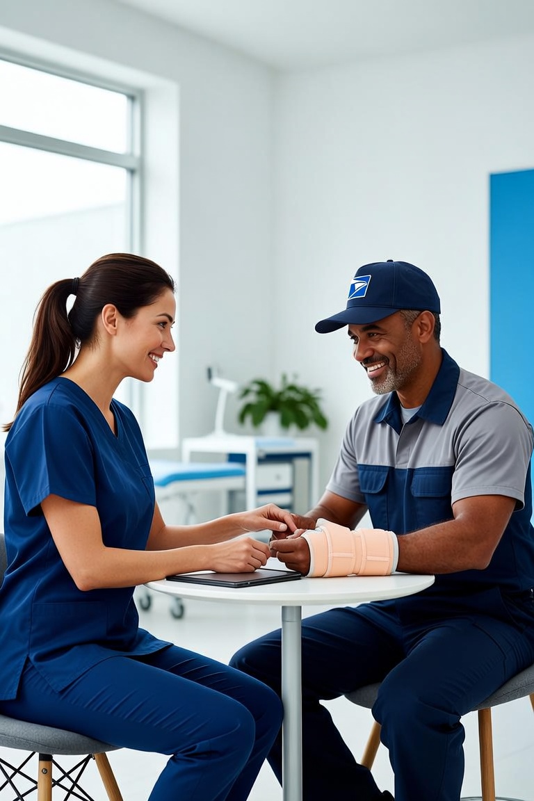 Federal workers' compensation doctor discussing a return-to-work plan with an injured federal employee in Kansas City
