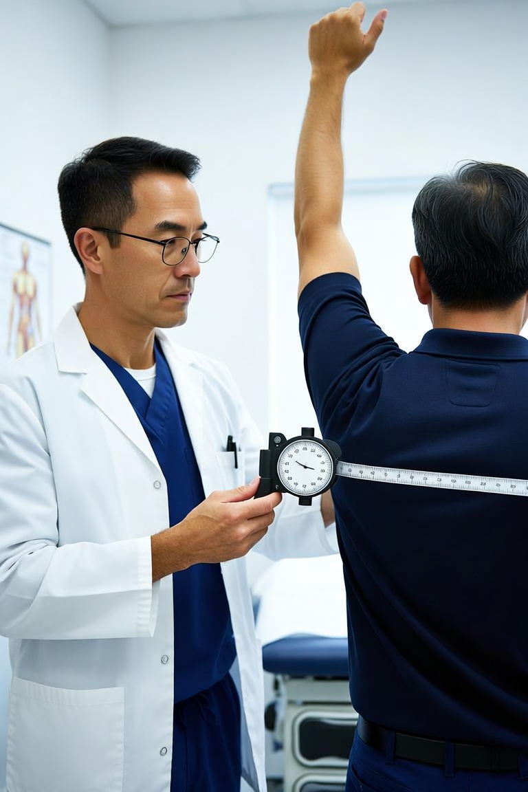 Physician measuring range of motion during a 6th Edition impairment rating for an OWCP schedule award in Kansas City